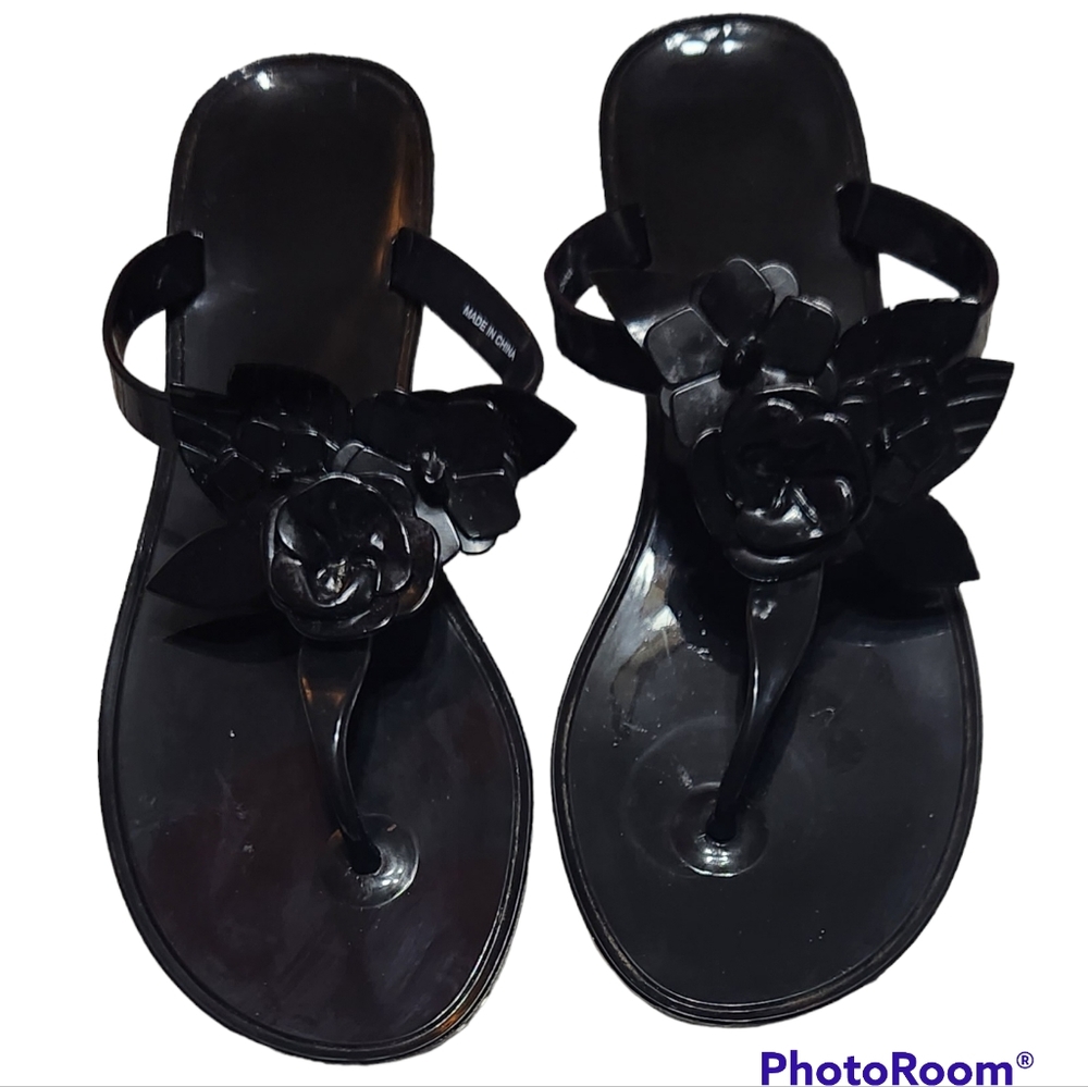 Solid Black Floral Flip Flops, NEW